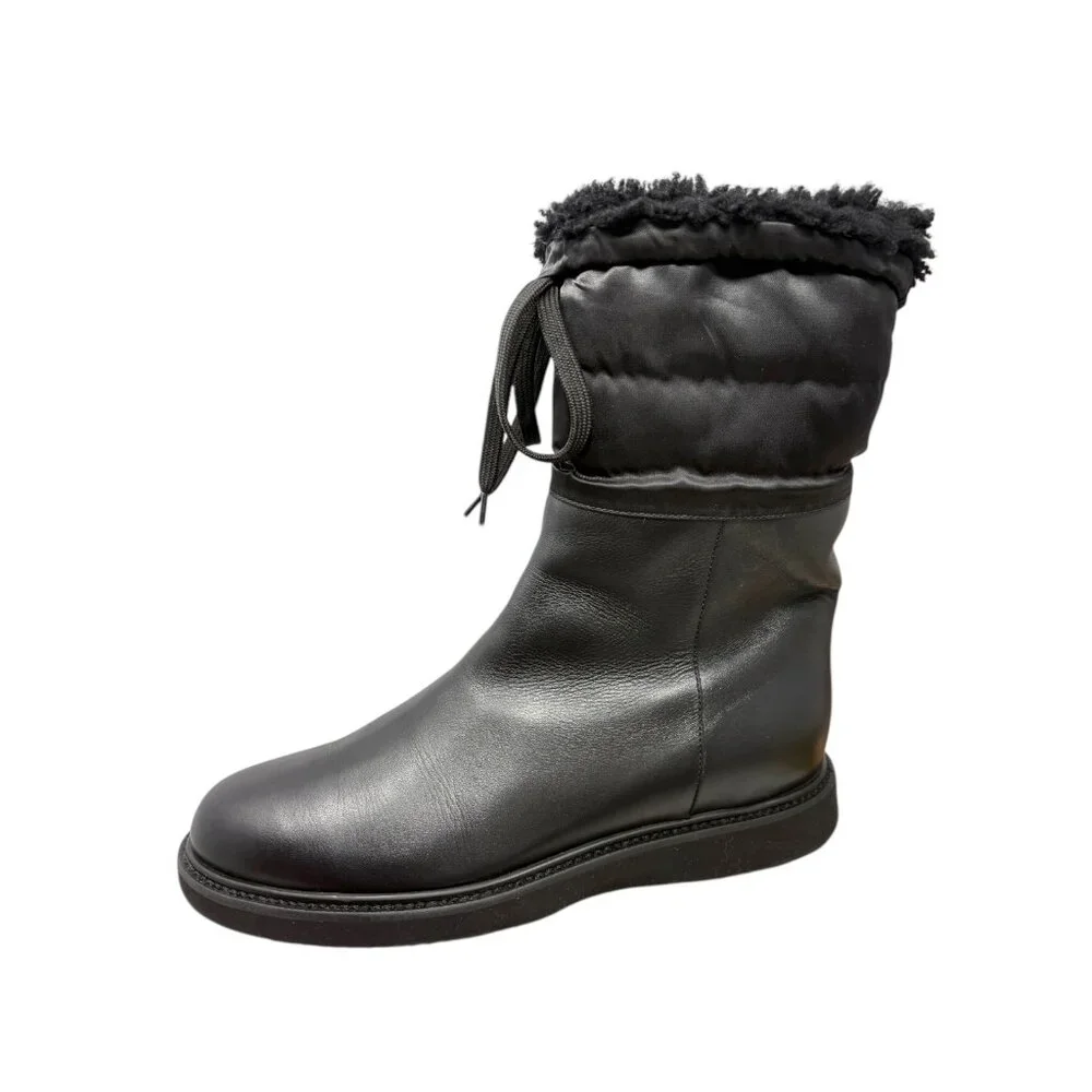 Aquatalia Heidy Black Leather Shearling Waterproof Wedge Booties‎